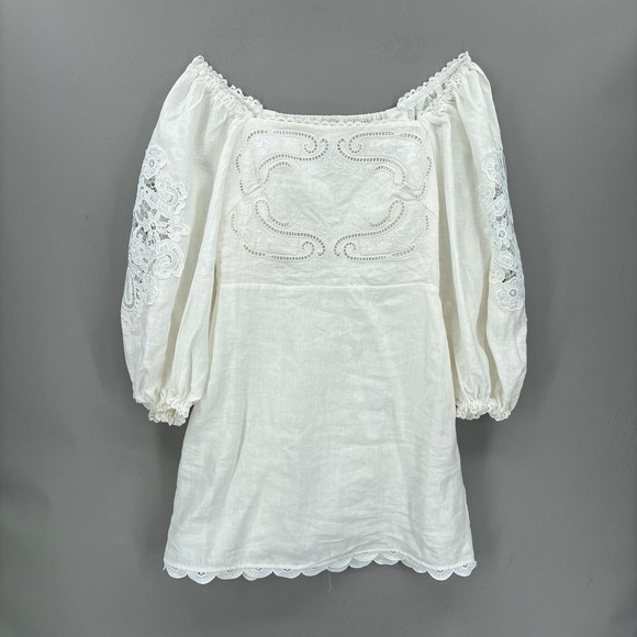 FARM Rio Dresses & Skirts - Farm Rio Dress Large White Mini Puff Sleeve Embroidered Linen Cottagecore Boho
